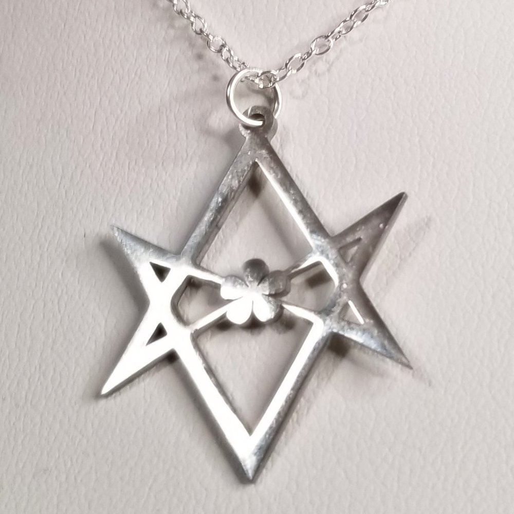Occult Unicursal Hexagram 5 Petaled Rose Thelema Slvr Necklace